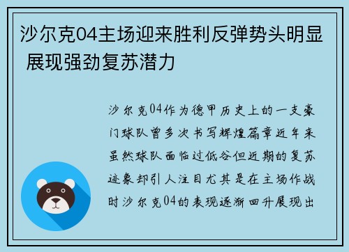 沙尔克04主场迎来胜利反弹势头明显 展现强劲复苏潜力